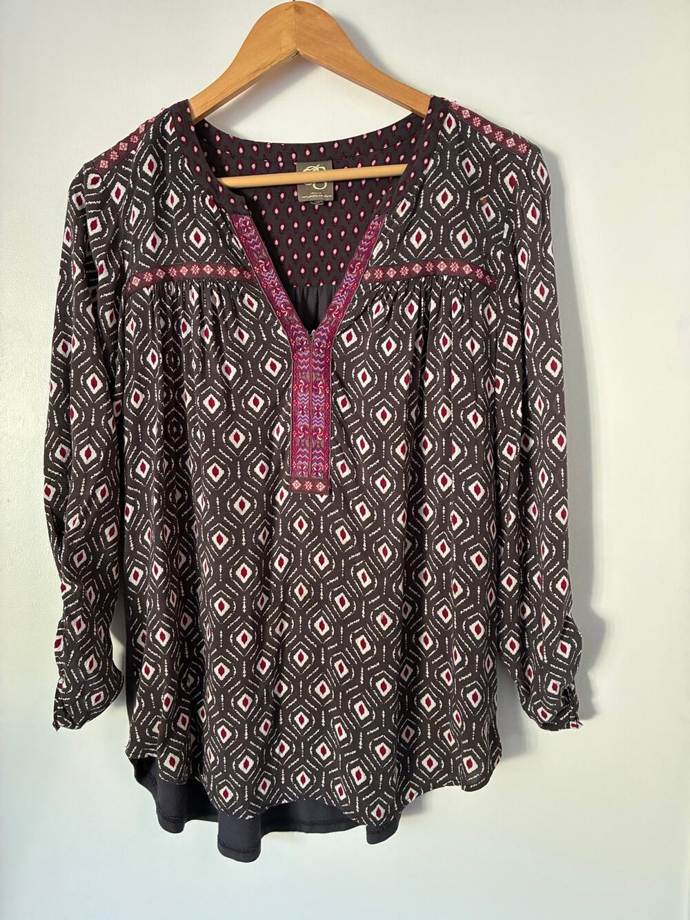 One September Gray Boho Long Sleeve Tunic Blouse Size Small